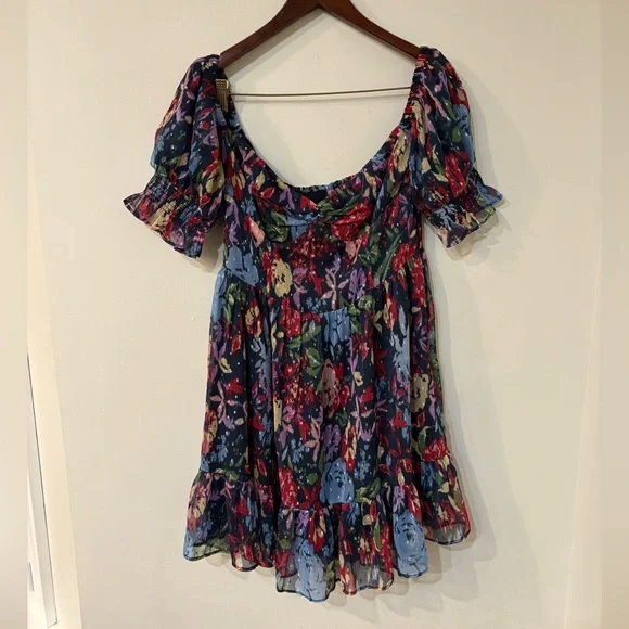 Urban Outfitters Navy Floral Off or on -the-Shoulder Mini Dress - Picture 3 of 6